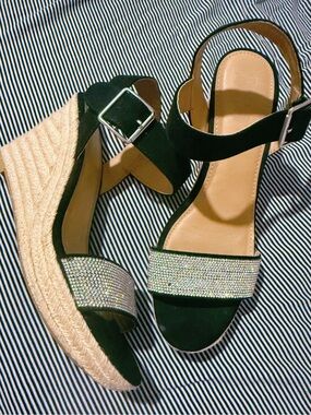 Brash Black Rhinestone Espadrille Wedge Sandals with Buckle Ankle Strap